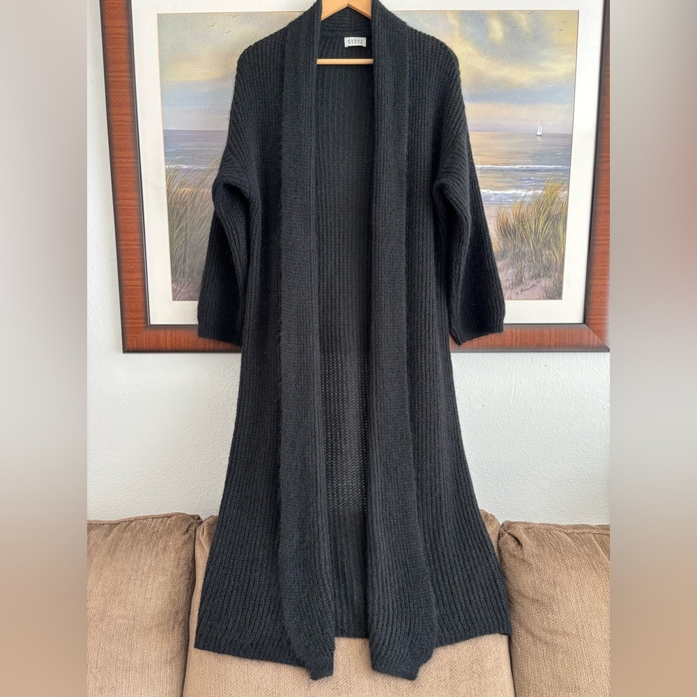 LJVE Mohair Blend Made in Italy Long Line Open Knit Cardigan Solid Black Large